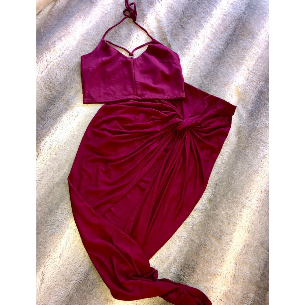 Burgundy bodycon wrap skirt w/matching co-ord Crop Top 2-piece set